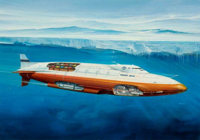 Retrofuturistic image of a massive cargo submarine, the Toyota Maru, traveling under ice, depicting a past imagined future.
