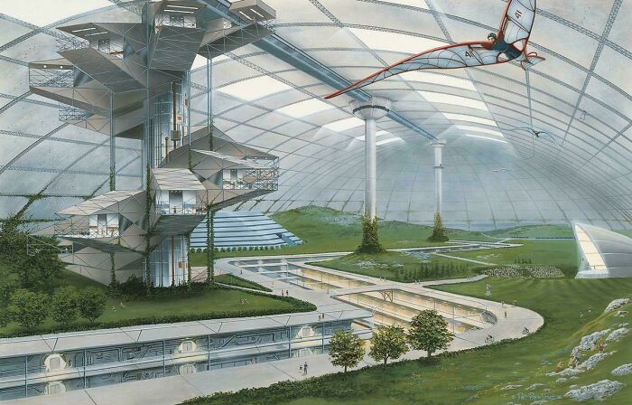 Retrofuturistic image of a future city inside a dome with flying people and lush greenery, showing imagined future.