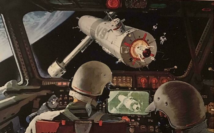 Retrofuturistic image of two astronauts in a cockpit, observing a space station with Earth in the background.