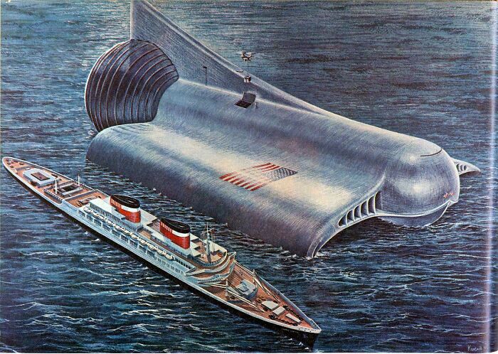 Retrofuturistic image of a massive, futuristic submarine next to a cruise ship, how people imagined the future.