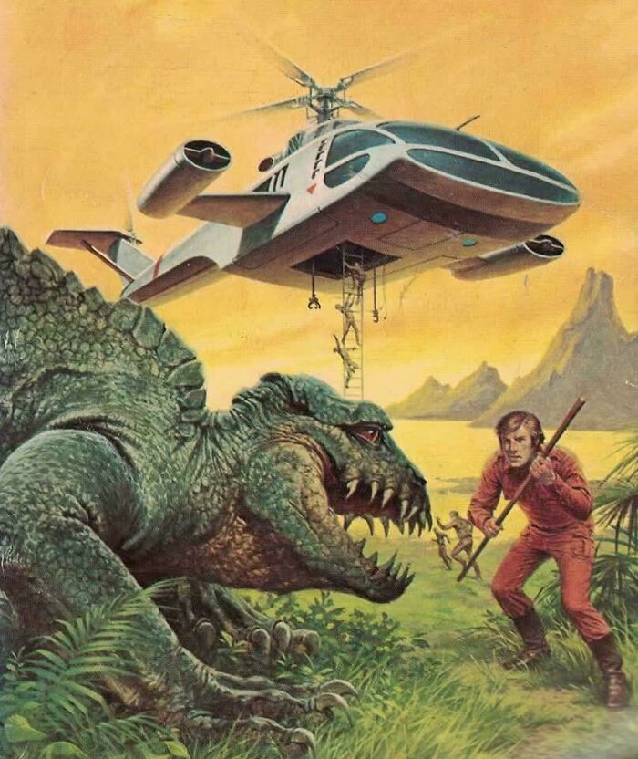 Retrofuturistic image of a helicopter rescuing people from a dinosaur, illustrating how people imagined the future.