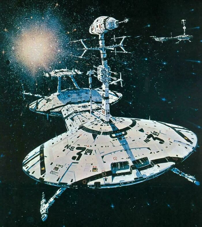 Retrofuturistic image of a multi-tiered space station in orbit, showing how people imagined the future.