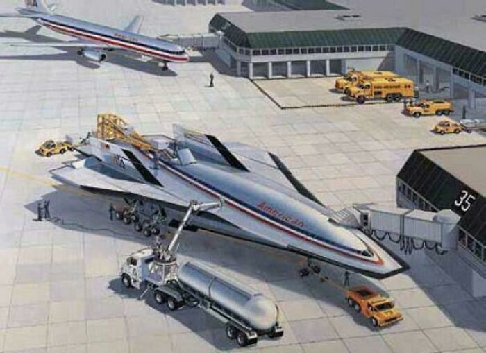 Retrofuturistic image of a large, futuristic aircraft on an airport tarmac, showing how people imagined the future.