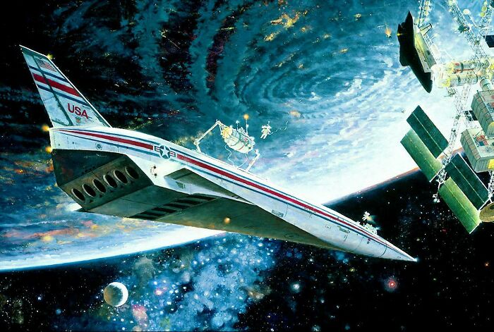 Retrofuturistic image of a sleek spaceplane near a space station orbiting Earth, people imagined the future.