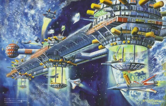Retrofuturistic image of a large, complex space station with smaller spacecraft, imagining the future.
