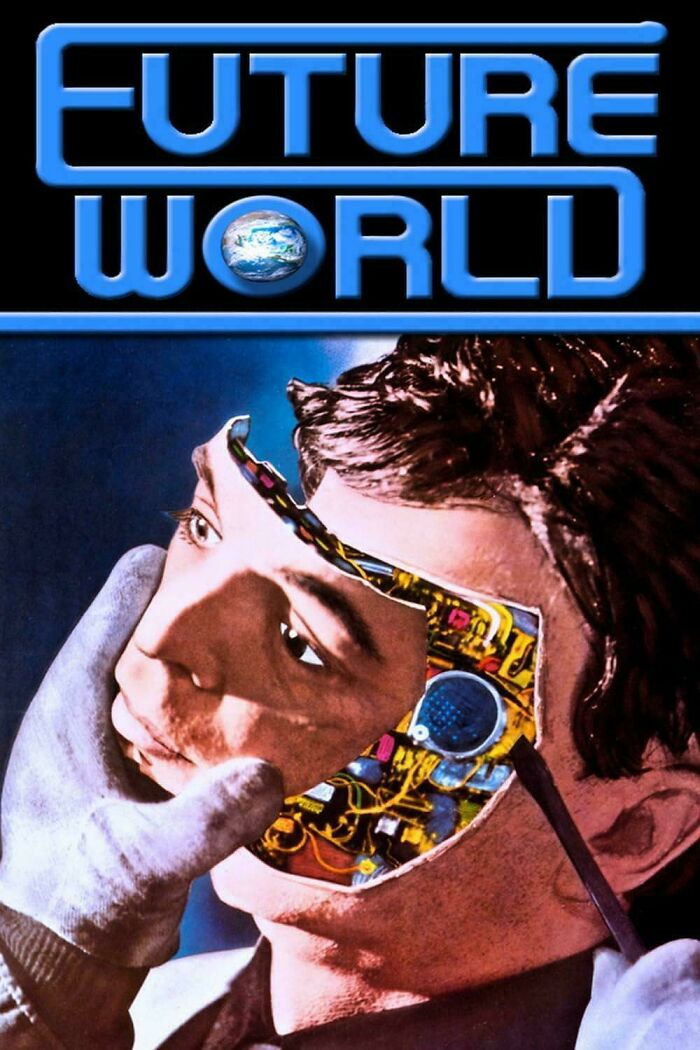 Retrofuturistic image of Future World with a human face revealing robotic components underneath, imagining the future.