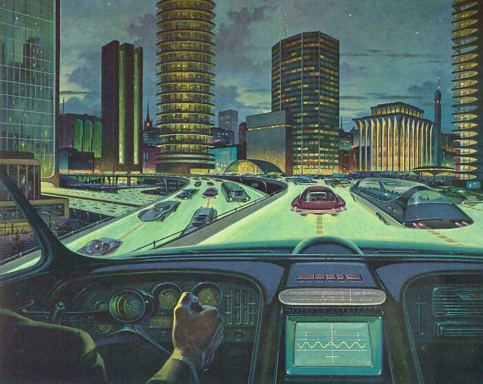 Retrofuturistic image of a driver's perspective on a futuristic highway with flying cars imagining the future commute.