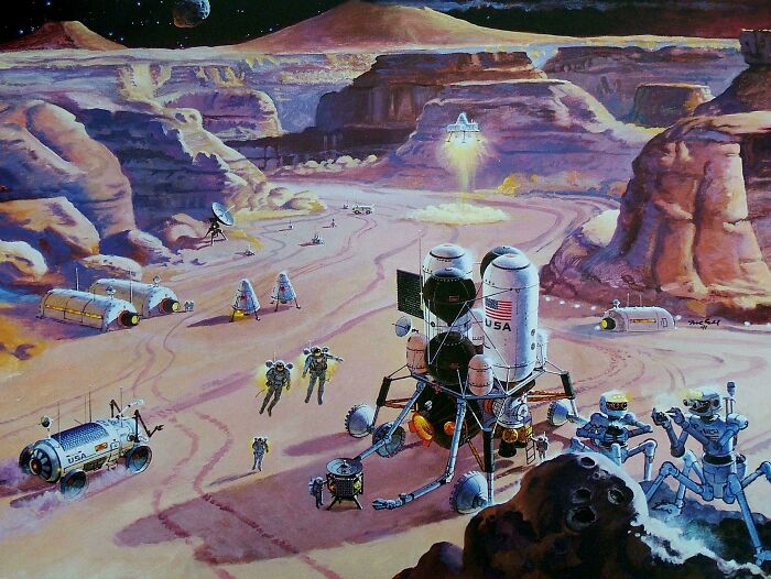 Retrofuturistic image of a Martian colony with rockets and rovers imagining the future of space exploration.