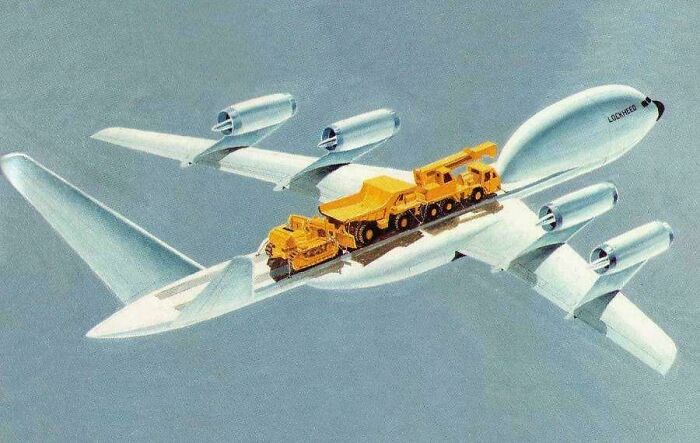Retrofuturistic image of a massive cargo plane carrying construction vehicles, a past imagination of the future.