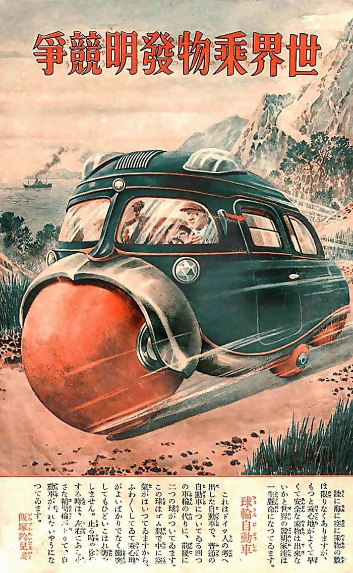 Retrofuturistic image of an innovative, large-wheeled vehicle, showcasing past imaginations of the future.