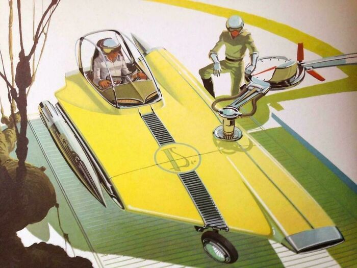 Retrofuturistic image showing a person in a sleek yellow flying car, a past imagination of the future.
