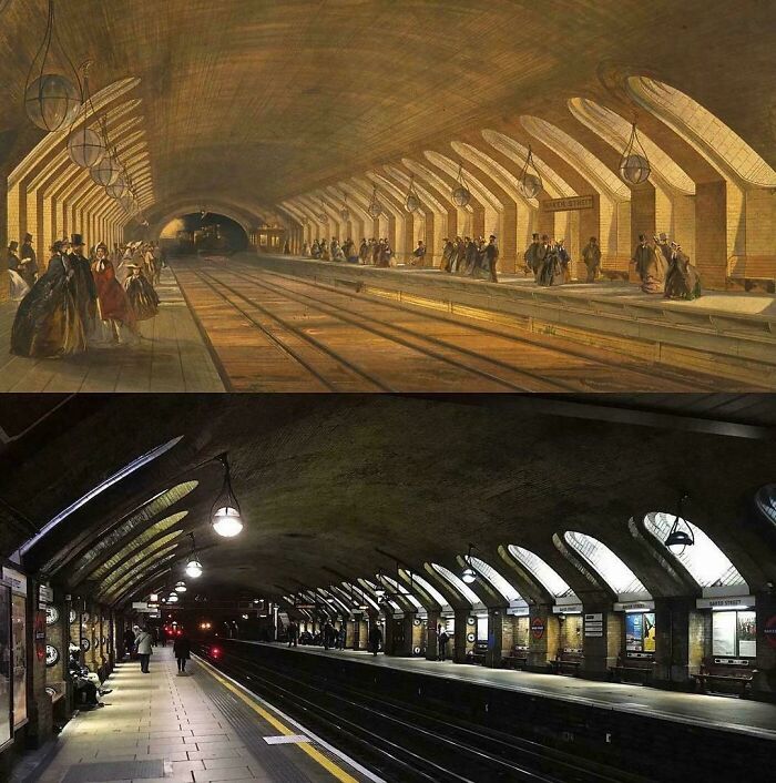 A split image showing a historical painting of an old train station above a modern photograph of the same station.