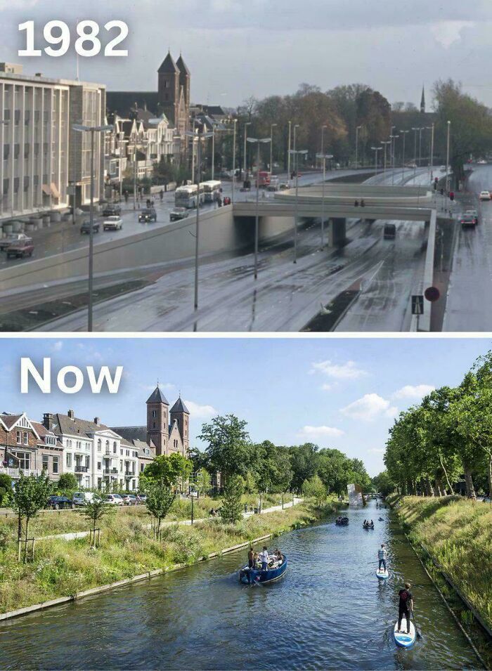 A historical photo showing a before and after comparison of a city street in 1982 and the same area as a canal now.
