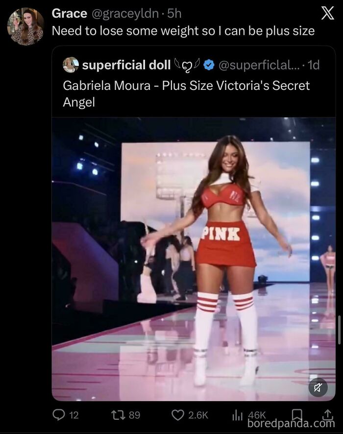 A tweet about a woman wanting to be plus-size like a Victoria's Secret Angel, part of a collection of funny unpredictable sentences.