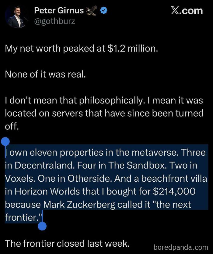 Screenshot of a funny and unpredictable sentence about owning metaverse properties that are no longer real.