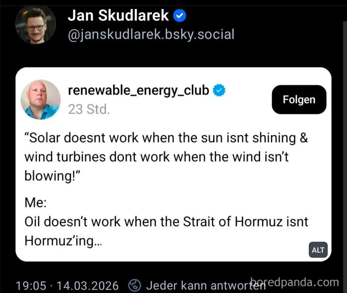 Screenshot of a funny and unpredictable sentence about renewable energy failing, then comparing it to oil failing.