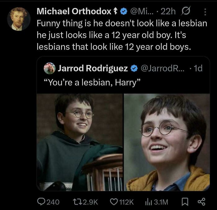 Funny, unpredictable sentences on a tweet about a young boy resembling a character, sparking humorous comments about lesbians and boys.