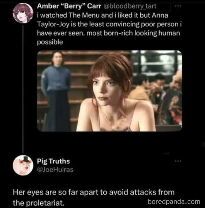 An image with funny, unpredictable sentences about an actress and a movie, discussing her appearance in a humorous way.