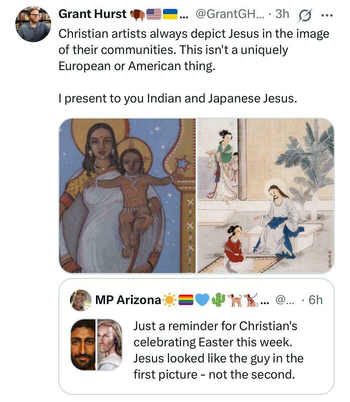 Compilation of funny, unpredictable sentences and images, including diverse depictions of Jesus in art.