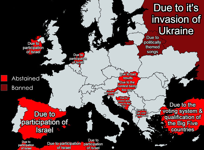 An interesting map highlighting countries that abstained or were banned from Eurovision