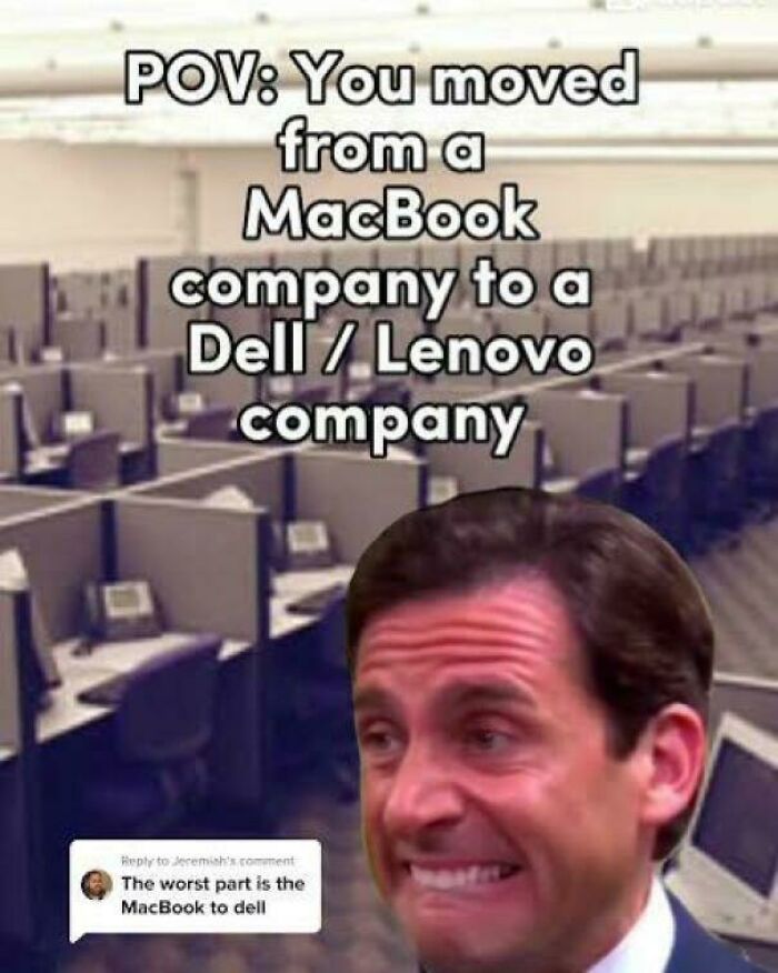Humorous meme of Michael Scott reacting to moving from a MacBook company to a Dell/Lenovo company, explaining the joke.