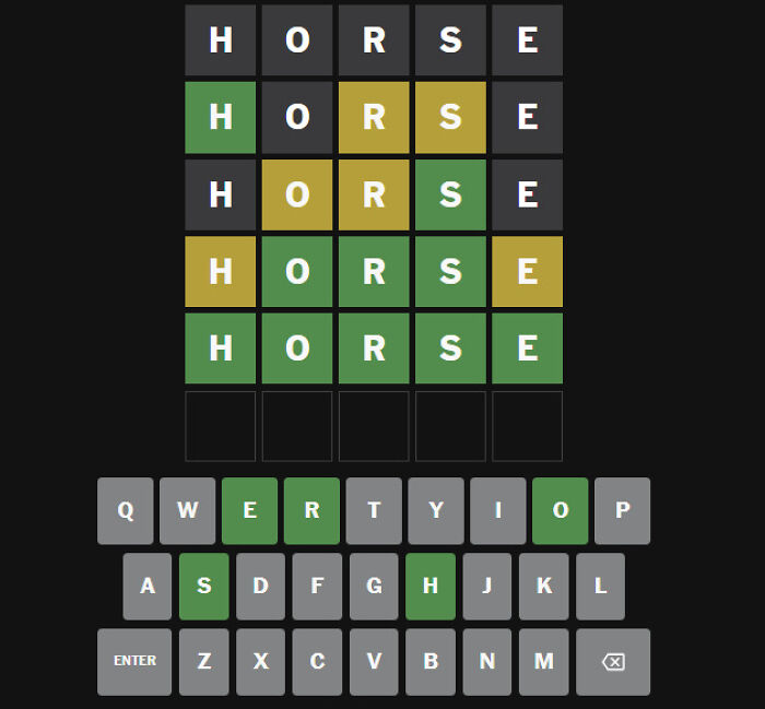 A Wordle game where the word 'HORSE' is entered multiple times, with some letters highlighted in green and yellow, illustrating online lies.