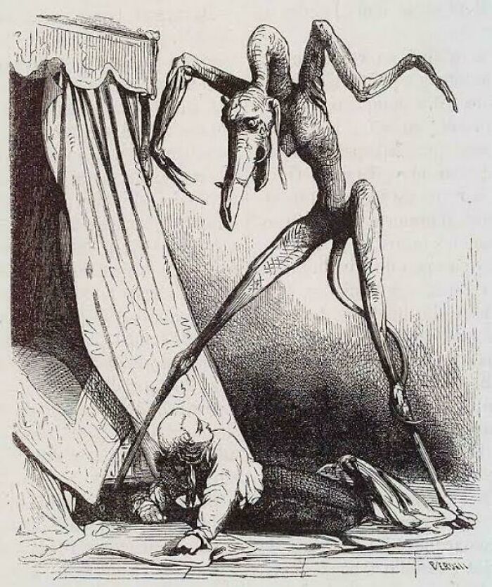 A baffling image of a disturbing, lanky creature standing over a sleeping person in a vintage drawing.