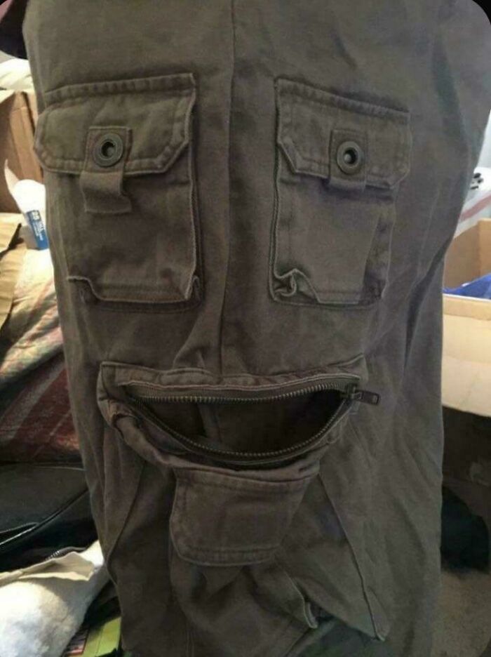 A funny image of cargo pants arranged to look like a face, prompting amusing questions.