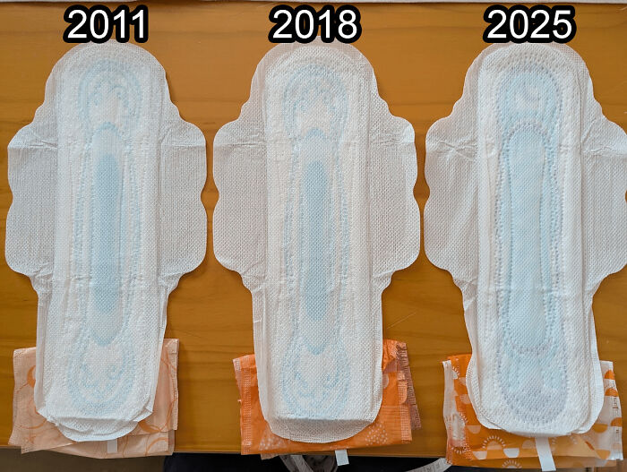 Sanitary pads from 2011, 2018, and 2025 illustrating size changes over time