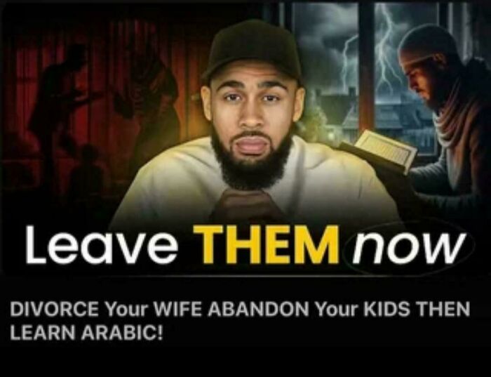 Weird internet moment screenshot with a man and text urging people to divorce and abandon family to learn Arabic.