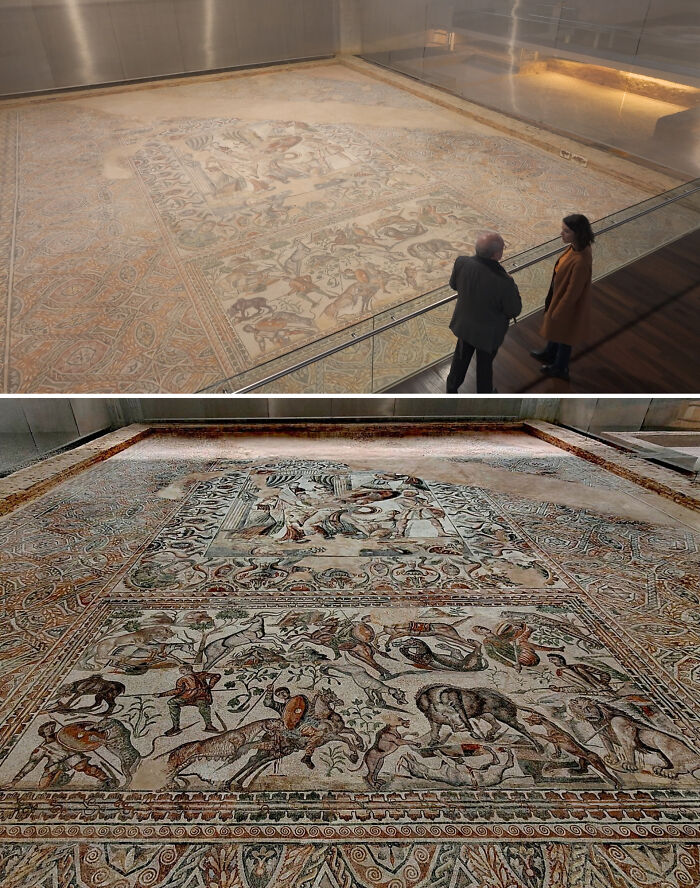 Massive ancient Roman mosaic floors featured as historical finds.
