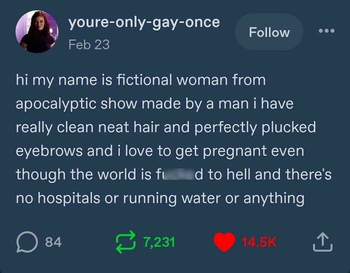 A Tumblr post by 'youre-only-gay-once' from Feb 23, sarcastically describing a fictional woman from an apocalyptic show, a Tumblr gem.