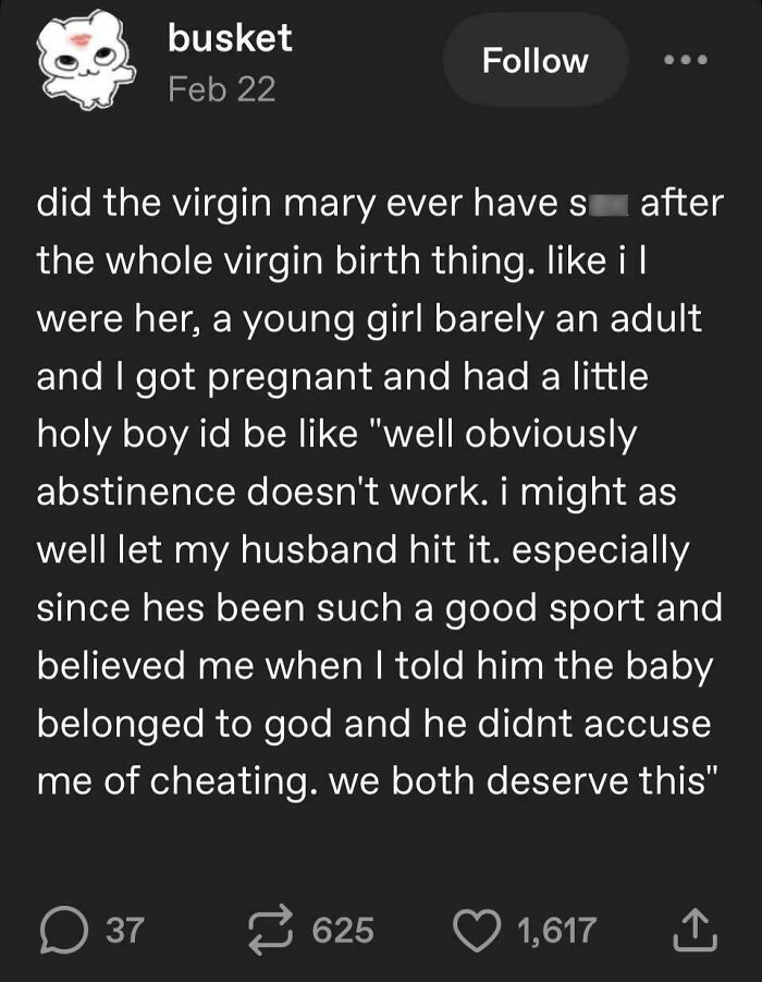 A Tumblr post by 'busket' from Feb 22, discussing wild Tumblr gems and the Virgin Mary's potential post-birth intimacy.
