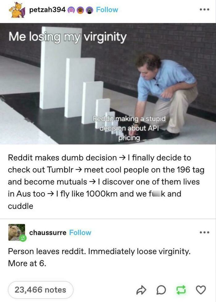 A meme with dominoes illustrating Reddit making a stupid decision about API pricing, leading to someone losing their virginity on Tumblr.