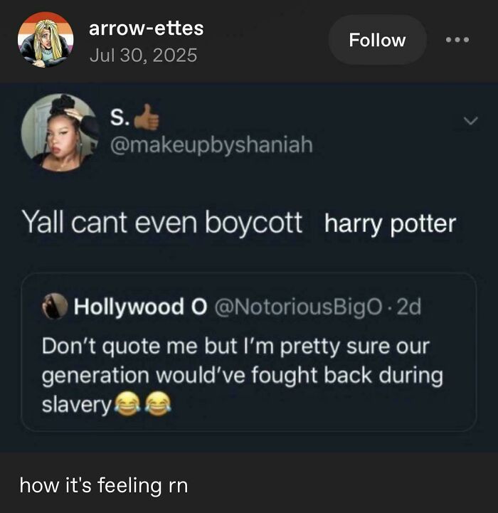 A screenshot of a tweet saying Yall cant even boycott Harry Potter, juxtaposed with a tweet about fighting back during slavery.