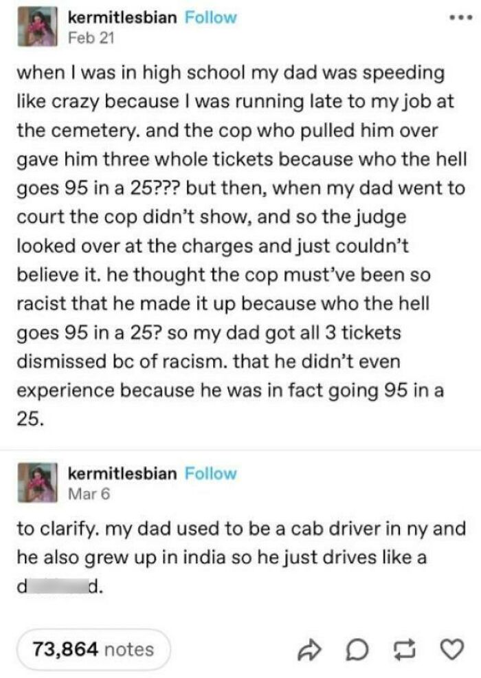 A screenshot of a Tumblr post about a dad getting three speeding tickets dismissed due to racism, despite being guilty.