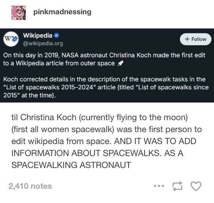 A Tumblr post discussing an astronaut editing Wikipedia from space, a wild Tumblr gem.