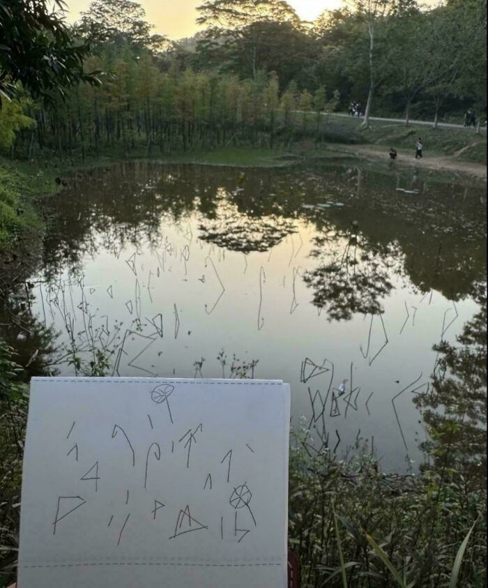 A drawing on paper of peculiar shapes matches reflections in a murky pond. People spotted this peculiar thing in real life.