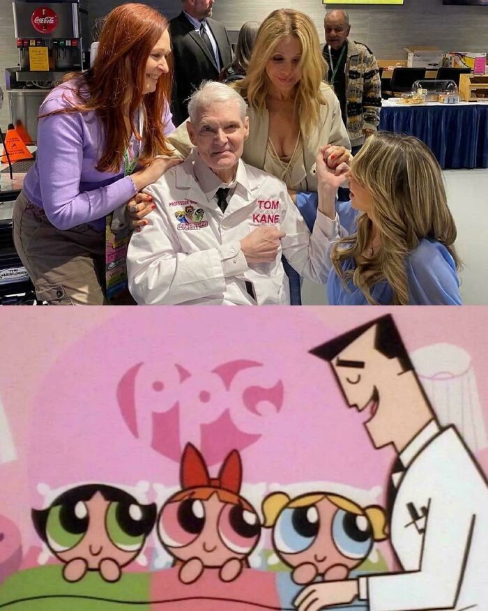 An interesting photo shows voice actor Tom Kane with Powerpuff Girls cast and animated characters.