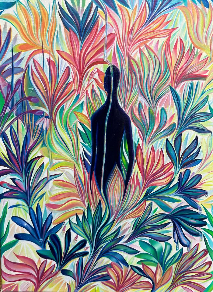 Vibrant abstract painting featuring a dark figure amidst colorful, flowing flora, showcasing handmade artistic talent.