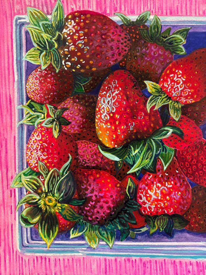 A vibrant handmade projects painting of many strawberries with green leaves, artfully arranged on a pink and purple background.