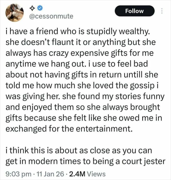 Screenshot of a social media post sharing a strangely specific and relatable story about friendship and gift-giving.