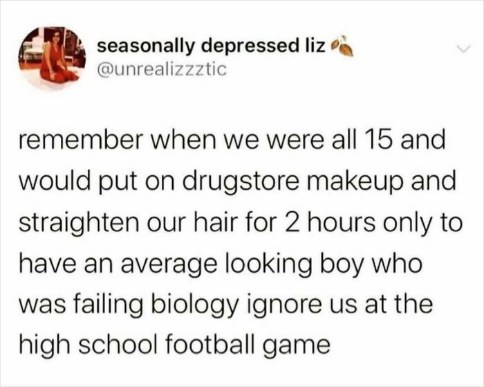 Screenshot of a relatable social media post describing strangely specific teenage makeup and hair routines ignored by a boy.