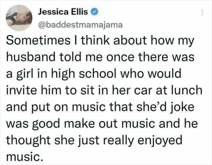 Social media post sharing a strangely specific and relatable high school memory about music and lunch invitations.