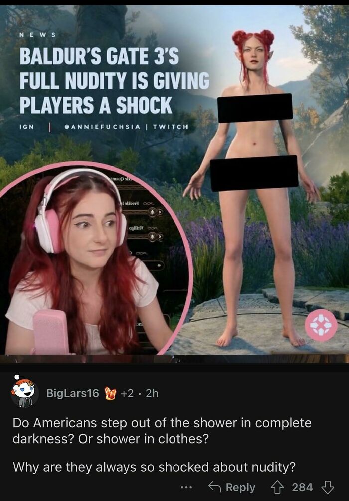 Streamer reacting to Baldur’s Gate 3 full nudity feature, highlighting cultural shock about life in America.