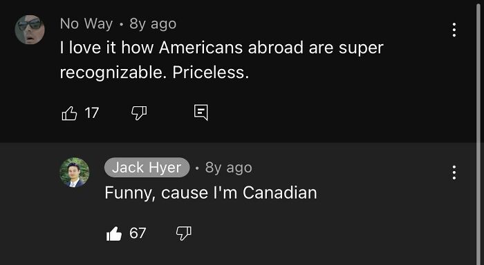 Screenshot of a social media comment thread discussing recognizable traits of Americans abroad with humorous replies.