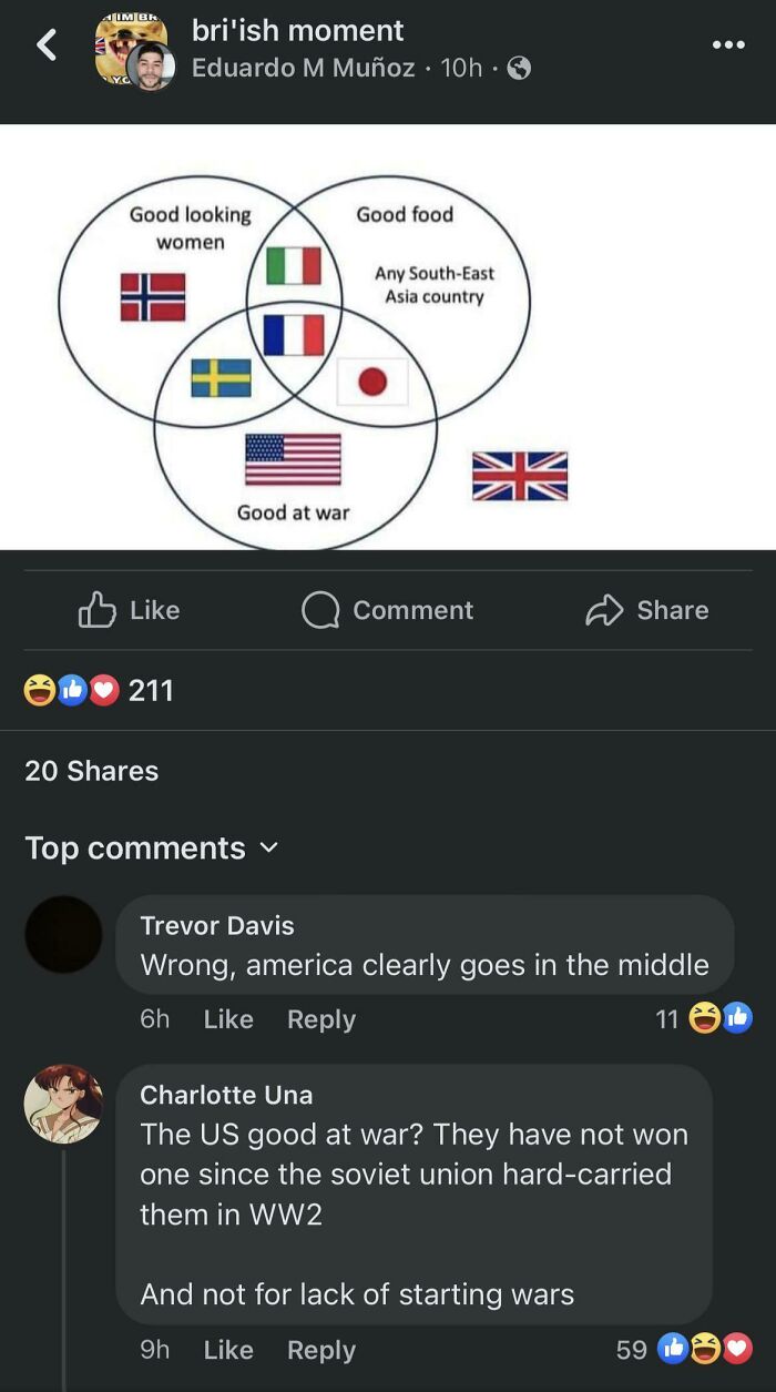 Venn diagram comparing countries for good looking women, good food, and good at war with American flag included.
