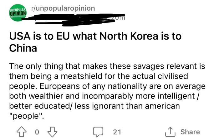 Reddit post comparing USA to EU, discussing opinions on life in America and societal intelligence differences.