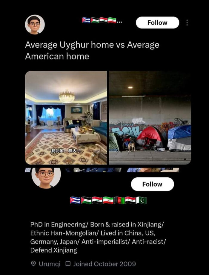 Comparison of average Uyghur home and average American home highlighting life differences in America.