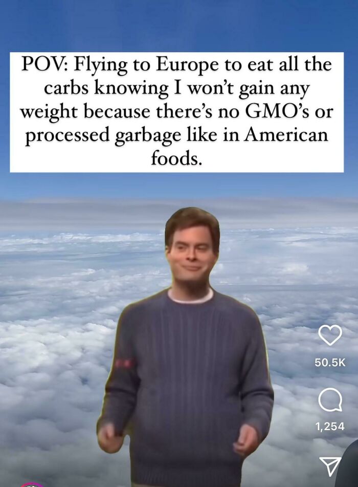 Man flying above clouds with text about carbs and processed foods contrasting American life in America.